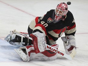 Ottawa Senators goalie Robin Lehner makes a save against the Washington Capitals during second period action at the Canadian Tire Centre in Ottawa Thursday Feb 5, 2015. Tony Caldwell/Ottawa Sun/QMI Agency