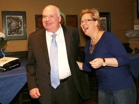 JOHN LAPPA/THE SUDBURY STAR   
Sudbury PC candidate Paula Peroni shares a laugh with Ontario PC interim leader Jim Wilson at a party for Peroni in Sudbury on Thursday night.