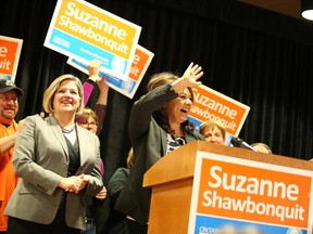 Local candidate Suzanne Shawbonquit and Ontario NDP leader Andrea Horwath greet well-wishers at the Steelworkers' Hall following Shawbonquit's defeat in the Sudbury byelection on Thursday. Gino Donato/The Sudbury Star