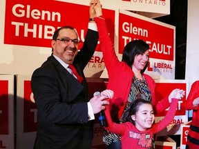 Ont. MPP-elect Glenn Thibeault celebrates his election victory with wife, Yolanda, daughter, Thea, and Ontario Premier Kathleen Wynne Sudbury, Thursday, Feb. 5, 2015. (JOHN LAPPA/QMI AGENCY)