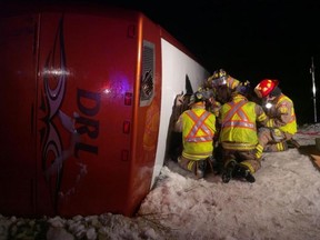 A bus full of young figure skaters and their parents crashed on the icy roads of Grand Falls-Windsor, N.L., late Thursday, sending all 55 people on board to hospital.
(Photo courtesy of Vince MacKenzie)