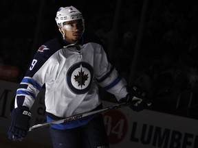 Evander Kane #9 of the Winnipeg Jets skates during introductions before the game against the Pittsburgh Penguins at Consol Energy Center on January 27, 2015.