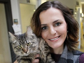 Courtney Leiman of the Winnipeg Humane Society holds a tray of cupcakes and a cat named Sergeant Tibbs. The WHS will be holding a fundraising bake and cupcake sale.