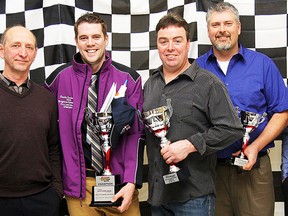 From left: sponsor representative Gerald Draaistra of Vanderlaan Building Products with 2014 Pro Late Model winners Charlie Sandercock, of Belleville; Phil Potts, of Frankford; Steve Baldwin, of Trenton; and Adam Turner, of Picton, at the recent Brighton Speedway 2014 awards banquet.