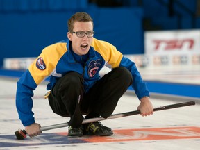 Melissa Murray for The Whig-Standard Alberta Skip Brendan Bottcher, 20, yells to his teammates during the men’s junior curling championship final against Northern Ontario, Sunday, Feb. 12, 2012. The championship tournament was held in Napanee, Ont.