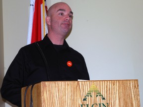 Fred Sinclair speaks to a group of supporters at the federal NDP nomination meeting for Elgin-Middlesex-London on Saturday, Feb. 7, 2015 at the Elgin Business Resource Centre in St. Thomas, Ont. Sinclair was acclaimed as the riding's candidate for the next federal election. Ben Forrest/Times-Journal