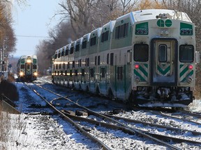Go train on the Lakeshore line just passed the Guildwood station on Feb.  5, 2015. For Shawn Jeffords feature. (Dave Abel/Toronto Sun)