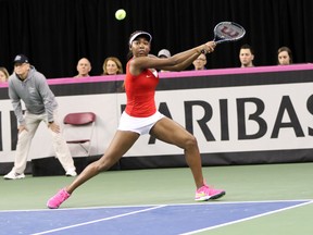 Francoise Abanda faces Karolina Pliskova  during the first day of the Fed Cup in Quebec City on  February 7, 2015. PASCAL HUOT / JOURNAL DE QUEBEC / QMI AGENCY