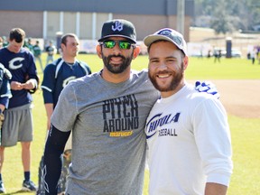 Blue Jays and Chipola College grads Jose Bautista (left) and Russell Martin in Marianna, Fla., on Saturday. (DANIEL WILLIAMS/CHIPOLA COLLEGE)