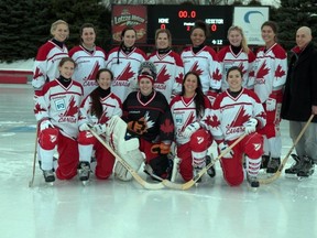 Team Canada members celebrate their North American Championship victory over the US national team Jan. 25, 2015 in Roseville, Minn. Back Row (left to right): Taylor Homenick, Morgan Jones, Carrie Nash, Lindsay Burns, Meaghan Alleyne, Katie McGlennan,  Alexa McFadden,  Costa Cholakis (Coach). Front Row: Ainsley Ferguson, Shelly Hruska, Amy Clarkson, Kerri-Anne Tyschinski, Julie Johnson.