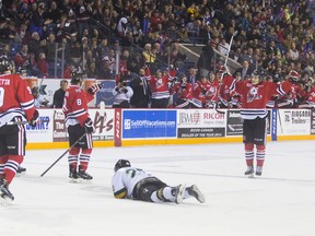 The Niagara IceDogs celebrate a first-period goal against the London Knights at the Meridian Centre in St. Catharines on Sunday. The Knights lost 9-3, pushing their losing skid to five games. (Julie Jocsak, QMI Agency)