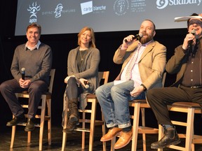 Jim Moodie/The Sudbury Star
Sudbury actor Stepane Paquette, second from right, answers questions from the audience during a sneak preview of the second season of Hard Rock Medical at College Boreal on Sunday. Joining him on stage are, from left, fellow actors Patrick McKenna and Angela Asher, and director Derek Diorio.