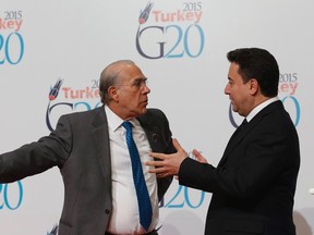 Turkey's Deputy Prime Minister Ali Babacan (R) chats with OECD Secretary General Angel Gurria before a joint news conference during the G20 finance ministers and central bank governors meeting in Istanbul February 9, 2015. REUTERS/Murad Sezer