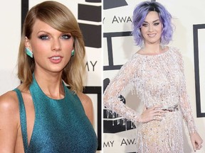 (L-R) Taylor Swift and Katy Perry hit the red carpet at the 2015 Grammy Awards. (WENN.COM photos)