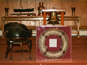 The 101st annual of the Goderich and District Mariners’ Service will take place on Feb. 22. Pictured here is the Captain’s Chair and life ring from the James Carruthers, along with the bell used to toll the ships lost in the Great Storm of 1913. (Contributed photo/Dave Flaherty)