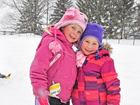 Grace Kipfer (left) and Brooklyn Cronin, Grade 1 students at St. Patrick's School in Dublin, enjoyed the outdoors last Friday, Feb. 6, thanks to a visit from the Ausable Bayfield Conservation Authority. (ABCA) Students learned about snowshoeing, played outdoor games and in the afternoon heard a presentation on spring water awareness. KRISTINE JEAN/MITCHELL ADVOCATE