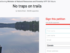 As of Monday afternoon, Feb. 9, 2015, more than 38,500 people had signed the ‘No Traps On Trails’ petition, requesting Minister of Natural Resources and Forestry Bill Mauro to prevent more animal deaths on Ontario trails due to baited kill-trap (Conibear) set up near all-season multi-use trails.