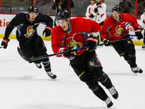 Ottawa Senators Kyle Turris (centre) leads Mark Stone (right) and Patrick Wiercioch in a skating drill during team practice at the CTC on Monday Feb. 9, 2015. (Errol McGihon/Ottawa Sun/QMI Agency)