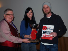 Soup's On organizer Phil Shelley, left, stands with Kacey Collins and Jeremy Stone of Port Stanley Tapas and Grill at the Soup's On fundraiser for heart and stroke research last week at the St. Anne's Centre in St. Thomas. Stone is co-owner of Port Stanley Tapas and Grill, which won two gold and one bronze award at the event. (Ben Forrest, Times-Journal)