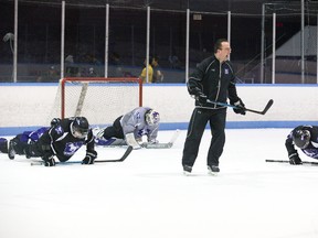 Head coach Clarke Singer makes players do pushups during Western Mustangs hockey practice at Thompson arena on Monday. The Mustangs open the playoffs Wednesday in Thunder Bay against Lakehead. (DEREK RUTTAN, The London Free Press)