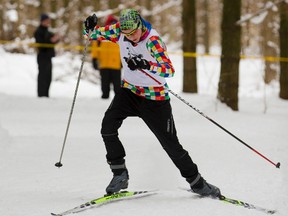 Erik Van der Vlies of Wingham Madill skates up the last hill before turning into the finish straight on his way to winning the WOSSAA junior boys 5 km nordic ski race in Thamesford on Monday. (MIKE HENSEN, The London Free Press)