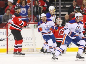 Oikelrs winger Nail Yakupov celebrates his game-winner Monday against the Devils in New Jersey. (USA TODAY SPORTS)