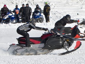 Two machines race side by side as the Cochrane Winter Carnival kicked on the weekend with the third annual Snow Drag races on Lake Commando. Racers came from all over Ontario and Quebec to compete in this sanctioned CAMAO circuit race to earn points toward attemps for a season championship.