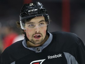 Ottawa Senators Cody Ceci during practice at the Canadian Tire Centre in Ottawa Tuesday Jan 27, 2015.  Tony Caldwell/Ottawa Sun/QMI Agency