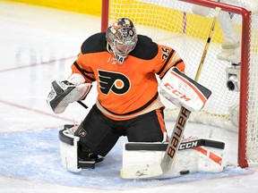 Philadelphia Flyers goalie Steve Mason (35) makes a save against the Toronto Maple Leafs during the third period at Wells Fargo Center. (Eric Hartline-USA TODAY Sports)