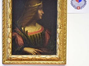 This handout picture released on February 10, 2015 by the Swiss police shows a painting by Italian artist Leonardo da Vinci seized today in Swiss bank. Italian police have seized a "priceless" Leonardo da Vinci painting from a Swiss bank vault after it was exported from Italy illegally, authorities said on February 10, 2015. (AFP PHOTO/SWISS POLICE)