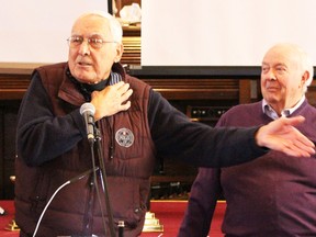 Bowman Centre associate Walter Petryschuk makes the case for a multibillion-dollar bitumen upgrader for Sarnia-Lambton. About 150 people gathered for Petryschuk's presentation at Sarnia's Central United Church Tuesday.  (BARBARA SIMPSON, The Observer)