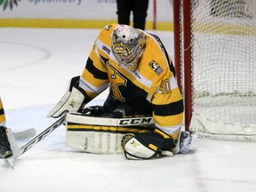 Kingston Frontenacs goalie Lucas Peressini gave up two goals in the first half of the first period but shut the door the rest of the way as the Fronts downed the Barrie Colts 4-2 in Ontario Hockey League action Saturday night in Barrie. It was Peressini's 30th win of the season. (Steph Crosier/Whig-Standard file photo)