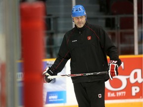 Ottawa 67's coach Jeff Brown keeps an eye on his team's practice Tuesday at TD Place. Brown has been an outspoken critic of the shootout, though it doesn't appear the OHL has any plans to change the current overtime format anytime soon. (Chris Hofley/Ottawa Sun)