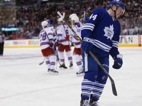 Toronto Maple Leafs  reacts to the fourth goal by New York Rangers at the Air Canada Centre on Tuesday February 10, 2015. Michael Peake/Toronto Sun/QMI Agency