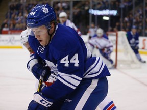Maple Leafs defenceman Morgan Rielly during his team's game against the New York Rangers at the Air Canada Centre on Feb. 10, 2015.  (MICHAEL PEAKE/Toronto Sun)
