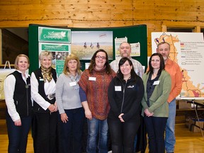 The Nature Conservancy of Canada's 10th annual Eat and Greet at the Twin Butte Community Hall was chock full of information about the area's watersheds on Friday, Feb. 6, 2015. Representatives from the Oldman Watershed Council, Cows and Fish and the Waterton Biosphere Reserve Association spoke to the crowd.  From left to right: Jenel Bode, Anne Stevick, Connie Simmons, Jen Jenkins, Tony Bruder, Wonnita Andrus, Kristi Stebanuk and Lorne Fitch. John Stoesser photo/QMI Agency.