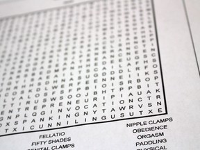 A word search puzzle with a Fifty Shades of Grey theme was reportedly distributed to students at a Pennsylvania middle school. (QMI Agency)