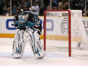 Goaltender Evgeni Nabokov of the San Jose Sharks looks down in the second period while taking on the Chicago Blackhawks in Game 2 of the 2010 Western Conference Finals at HP Pavilion on May 18, 2010. (Jed Jacobsohn/Getty Images/AFP)