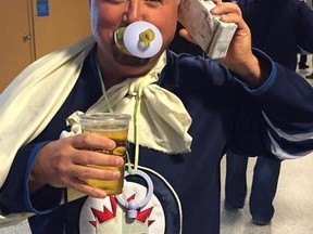 Bob St. Laurent had some fun at Tuesday's Jet game by wearing his No.9 Evander Kane jersey along with some added features. (SUPPLIED PHOTO)