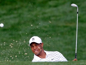 Tiger Woods of the U.S. hits from a sand trap on the 12th hole during the second round of the PGA Championship at Valhalla Golf Club in Louisville, Kentucky, August 8, 2014. (REUTERS/John Sommers II)