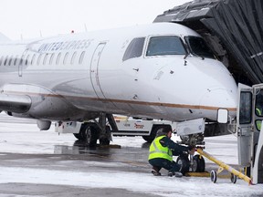 A United Airlines plane that flew from Newark, New Jersey and landed at London International Airport in London. (DEREK RUTTAN, The London Free Press)