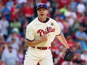 Philadelphia Phillies relief pitcher Jonathan Papelbon (58) reacts after striking out Los Angeles Dodgers left fielder Scott Van Slyke (not pictured) to end the game at Citizens Bank Park. (Bill Streicher-USA TODAY Sports)