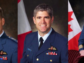 Former Commanding Officers of 8 Wing/CFB Trenton, from left, Maj.-Gen. Michael Hood, Brig. Gen. Sean Friday, Col. David Cochrane, and current Commanding Officer Col. David Lowthian have been promoted to higher ranks and appointed to new duties — many of which take effect throughout the coming months — by Chief of the Defence Staff Gen. Tom Lawson in Ottawa, Ont. Wednesday, Feb. 11, 2015. - DND HANDOUTS