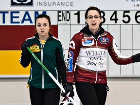 Val Sweeting, right, and Kelsey Rocque compete at the Saville Centre earlier this week. Sweeting starts competition at the Scotties Saturday in Moose Jaw, Sask., while Rocque compete in the CIS Canada West regionals this weekend in Edmonton. (Codie McLachlan, Edmonton Sun)