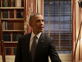 U.S. President Barack Obama with a selfie stick.
(Screenshot from Buzzfeed Video)