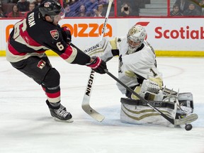 Pittsburgh Penguins goalie Thomas Greiss stops a penalty shot from Ottawa Senators right wing Bobby Ryan  in the second period at the Canadian Tire Centre. (Marc DesRosiers-USA TODAY Sports)