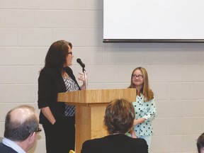 Ms. Tara Boreham, the principal at St. Joseph’s in Clinton, proudly presents Sarah Gionet, a grade 6 student at St. Joe’s, with her certificate. Kylie Nott, a grade 7 student at St. Joe’s, also received the honour, however, Kylie was unable to attend the breakfast.