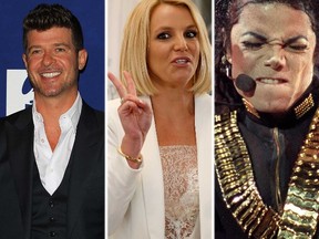 (L-R) Robin Thicke, Britney Spears and Michael Jackson. (REUTERS/WENN file photos)