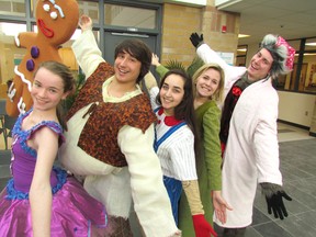 The cast of the upcoming St. Patrick's High School production of Shrek The Musical includes, from left, Grace Hakala, 16, as the sugar plum fairy and Gingerbread Man, Jacob Brubaker, 17, as Shrek, Stephanie Ghazarian, 16, as Pinocchio, Candice Renaud, 17, as Princess Fiona, and Matt Hampel, 16, as the Big Bad Wolf. The show runs March 5 to 7 at The Imperial Theatre in downtown Sarnia. PAUL MORDEN/THE OBSERVER/QMI AGENCY