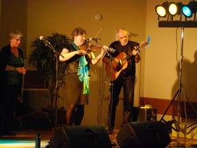 Edmonton-based band Celtara performed before a full house at the Vulcan Lodge Hall on the night of Jan. 23. The band is Bonnie Gregory, who plays the fiddle, harp and sings, Andreas Illig, who plays guitar and the Irish bouzouki, Tami Cooper, who plays the flute, whistle and sings, Steven Bell, who plays the accordion, piano and sings, and Mark Arnison, who plays the bodhran (a traditional Celtic frame drum) and world percussion. Pictured here are Gregory and Illig. Simon Ducatel Vulcan Advocate